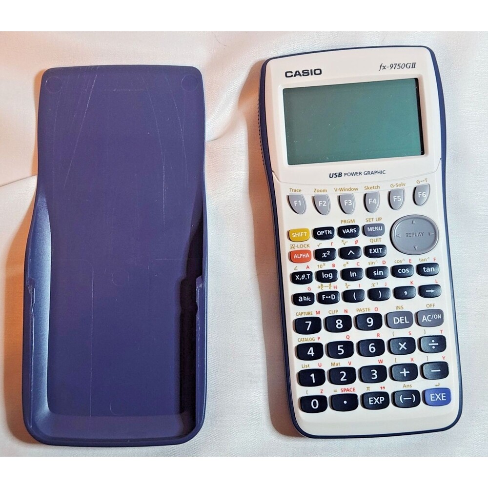 Casio fx-9750GII Graphing Calculator White Blue w/ Cover Tested Works